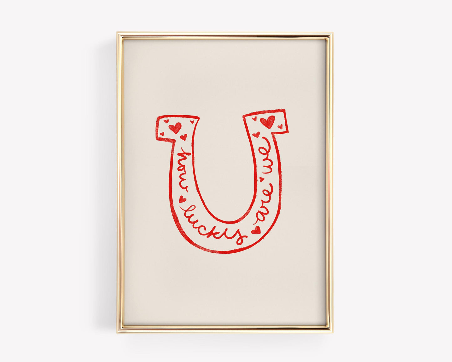 Lucky Quote Horseshoe Wall Art | Red Bedroom Decor | Romantic Print Illustration