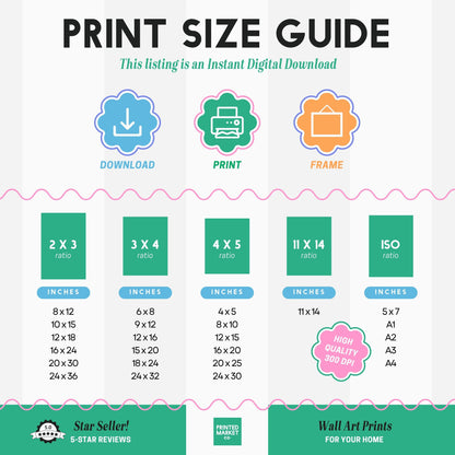 The image is a print size guide for wall art prints, providing information on the sizes of various print options available for your home.