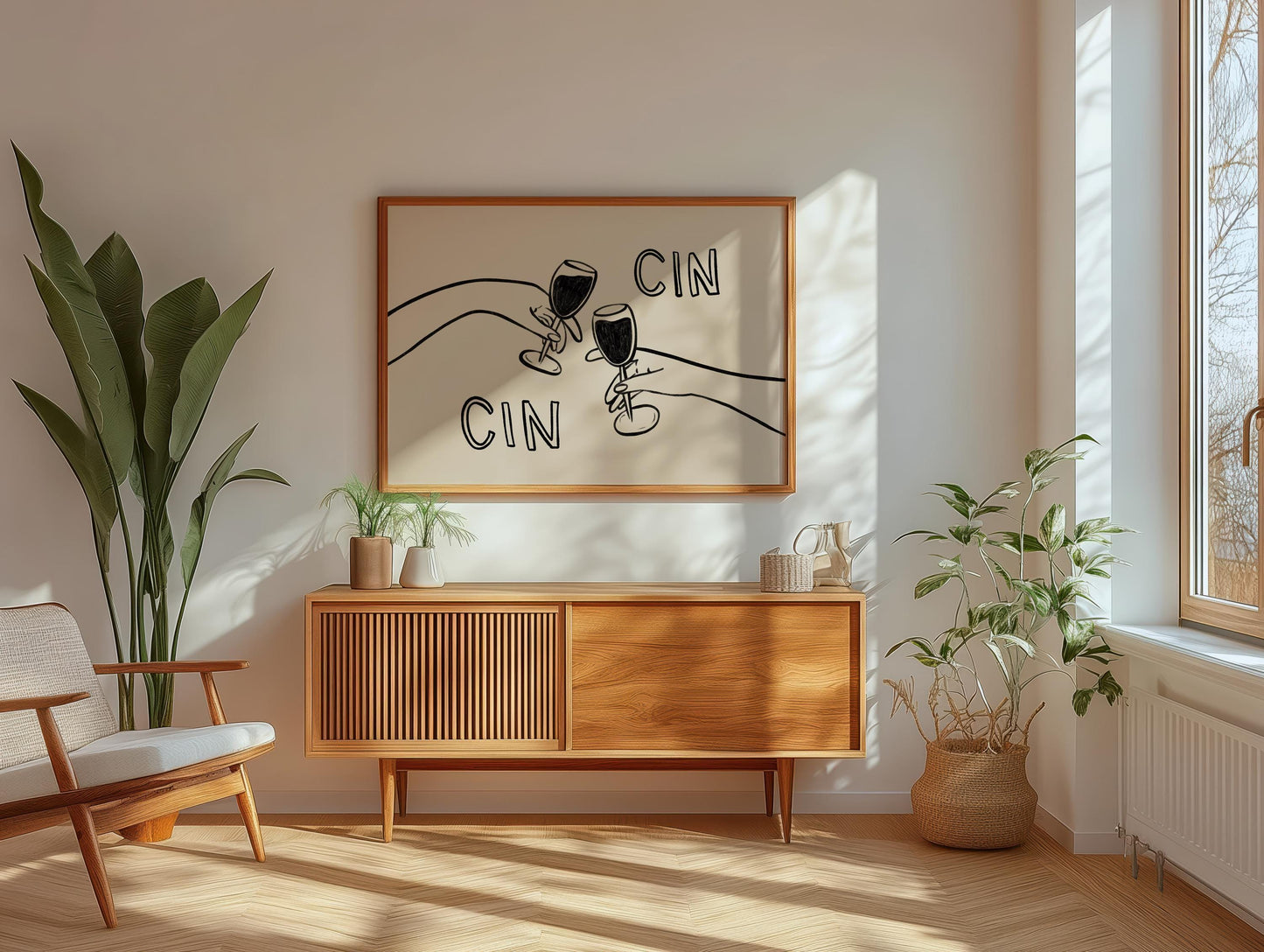 Cin Cin Cheers Print | Wine Glass Wall Art | Minimalist Line Art | Bar Cart Decor