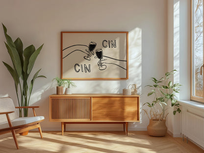 Cin Cin Cheers Print | Wine Glass Wall Art | Minimalist Line Art | Bar Cart Decor