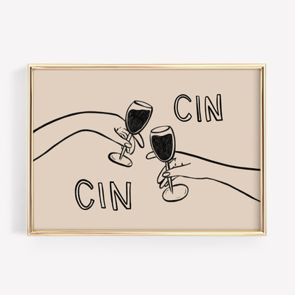 Cin Cin Cheers Print | Wine Glass Wall Art | Minimalist Line Art | Bar Cart Decor