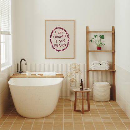I See London I See France Print | Funny Bathroom Decor | Cheeky Wall Art | Burgundy
