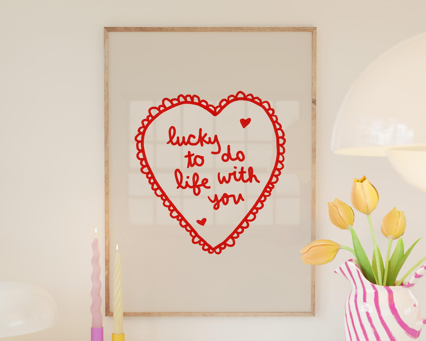 Lucky To Do Life With You Heart Print | Romantic Red Bedroom Art | Love Wall Art