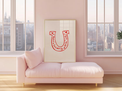 Lucky Quote Horseshoe Wall Art | Red Bedroom Decor | Romantic Print Illustration
