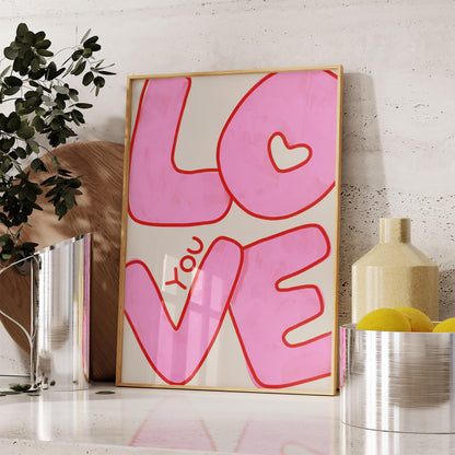 Love You Wall Art | Pink Bubble Letter Print | Valentine Decor for Bedroom
