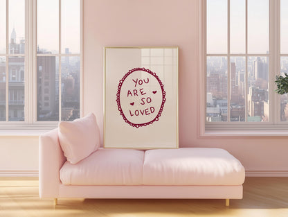 You Are So Loved Lace Print | Burgundy Boho Wall Art Quote | Kids Nursery Room Decor