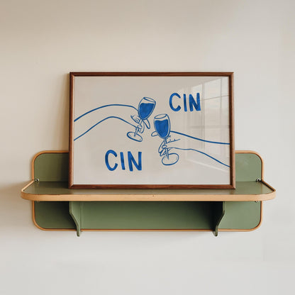 Cin Cin Cheers Print | Blue Wine Illustration | Modern Cocktail Art for Bar Cart Decor