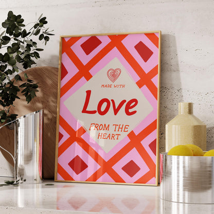 Kitchen Wall Art | Made With Love From The Heart | Pink Retro Kitchen Print