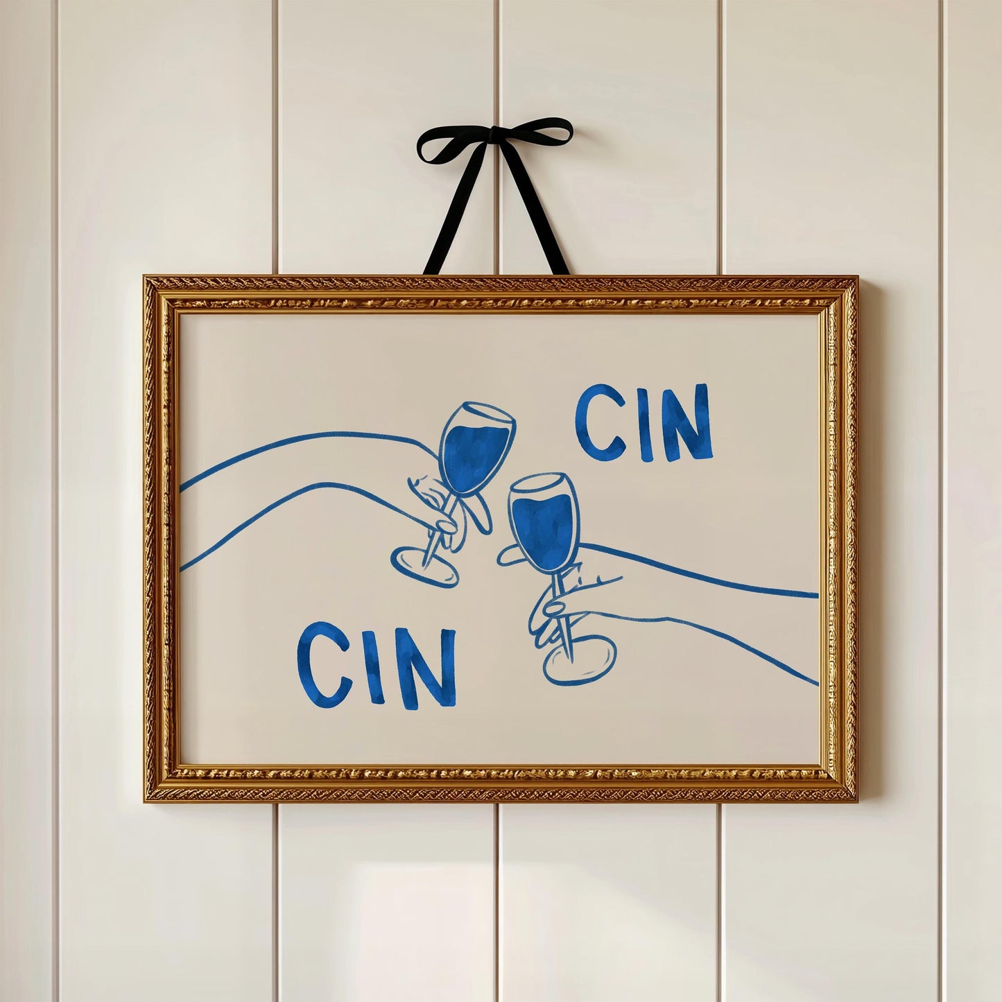 Cin Cin Cheers Print | Blue Wine Illustration | Modern Cocktail Art for Bar Cart Decor