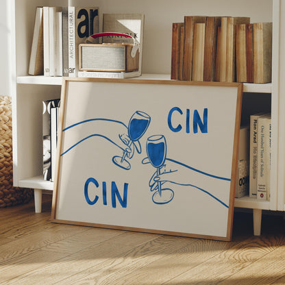 Cin Cin Cheers Print | Blue Wine Illustration | Modern Cocktail Art for Bar Cart Decor
