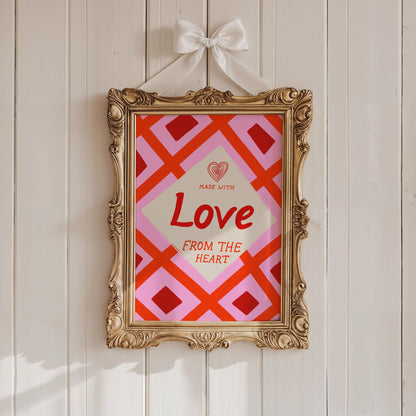 Kitchen Wall Art | Made With Love From The Heart | Pink Retro Kitchen Print