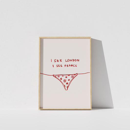 A framed poster with the text "I see London I see France" written on it, along with a simple illustration of a underwear or underwear-like object.