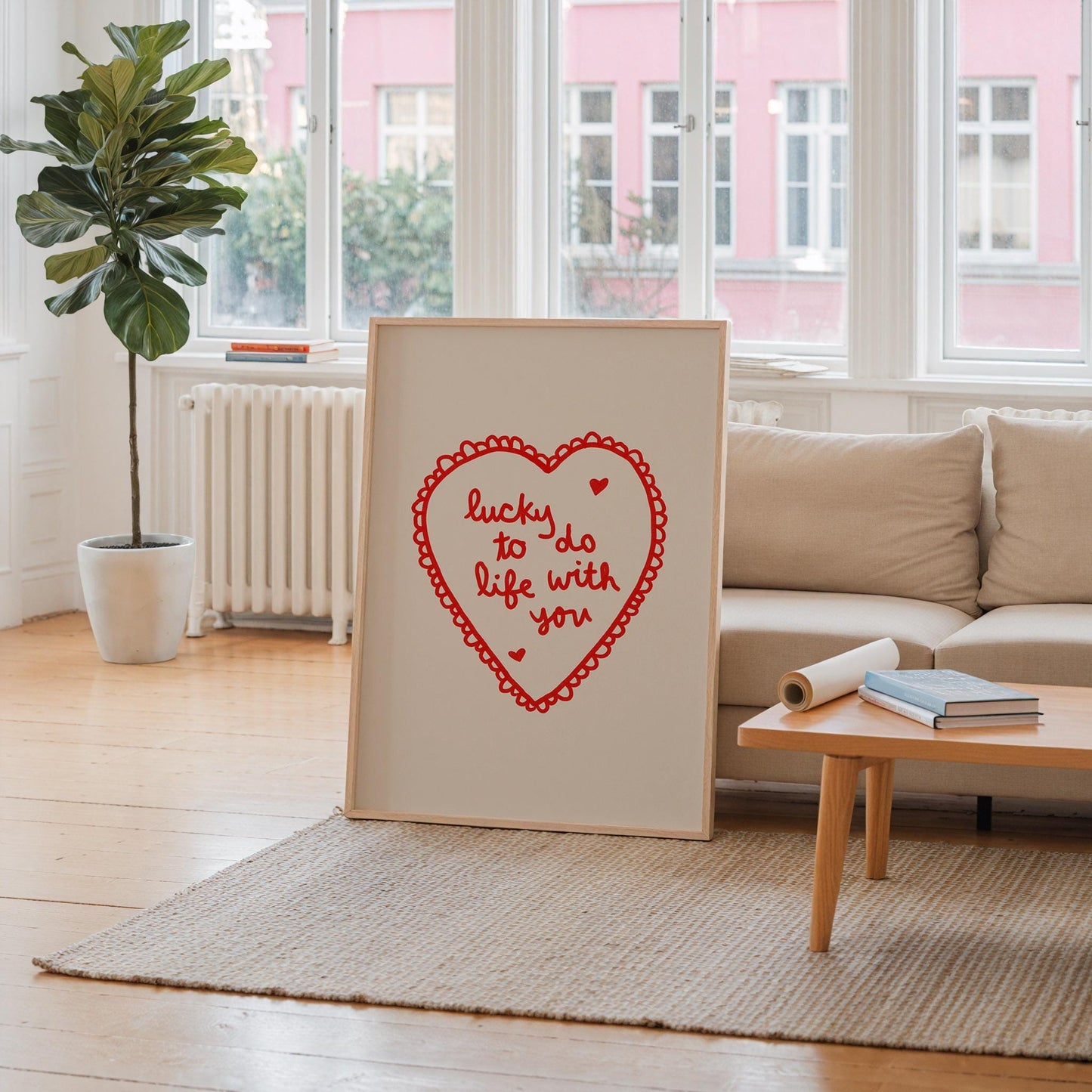 Lucky To Do Life With You Heart Print | Romantic Red Bedroom Art | Love Wall Art
