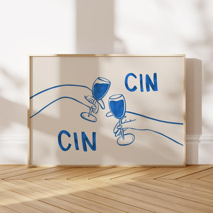 Cin Cin Cheers Print | Blue Wine Illustration | Modern Cocktail Art for Bar Cart Decor