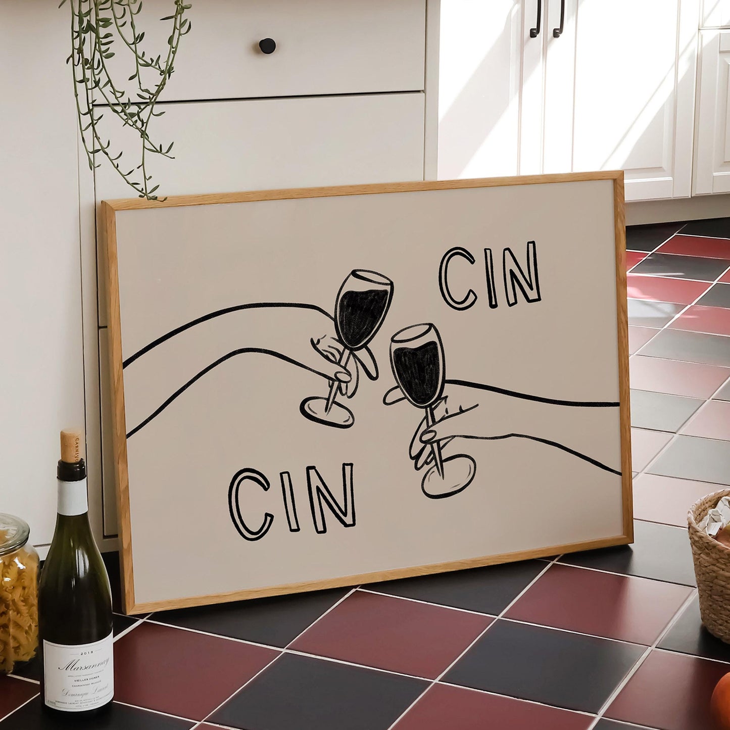 Cin Cin Cheers Print | Wine Glass Wall Art | Minimalist Line Art | Bar Cart Decor