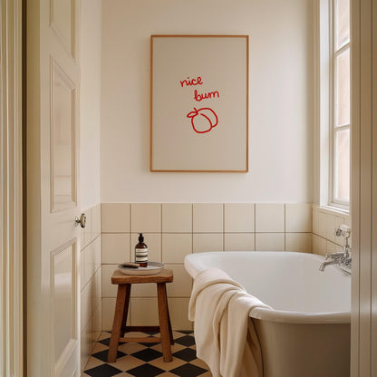 Cheeky Nice Bum Peach Print | Red Bathroom Wall Art | Funny Guest Bath Decor