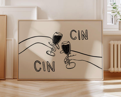 Cin Cin Cheers Print | Wine Glass Wall Art | Minimalist Line Art | Bar Cart Decor
