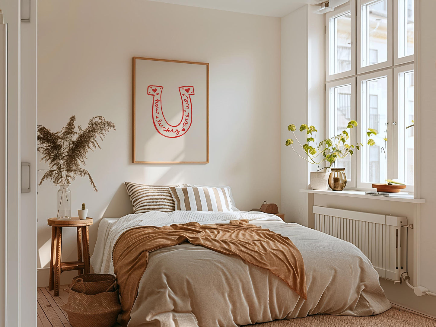 Lucky Quote Horseshoe Wall Art | Red Bedroom Decor | Romantic Print Illustration
