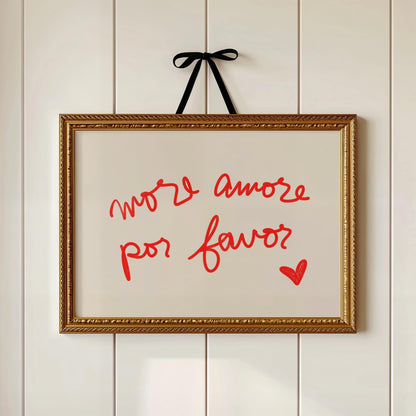More Amore Por Favor Quote | Red Typography Wall Art | Cute Love Print | Modern Bedroom Decor