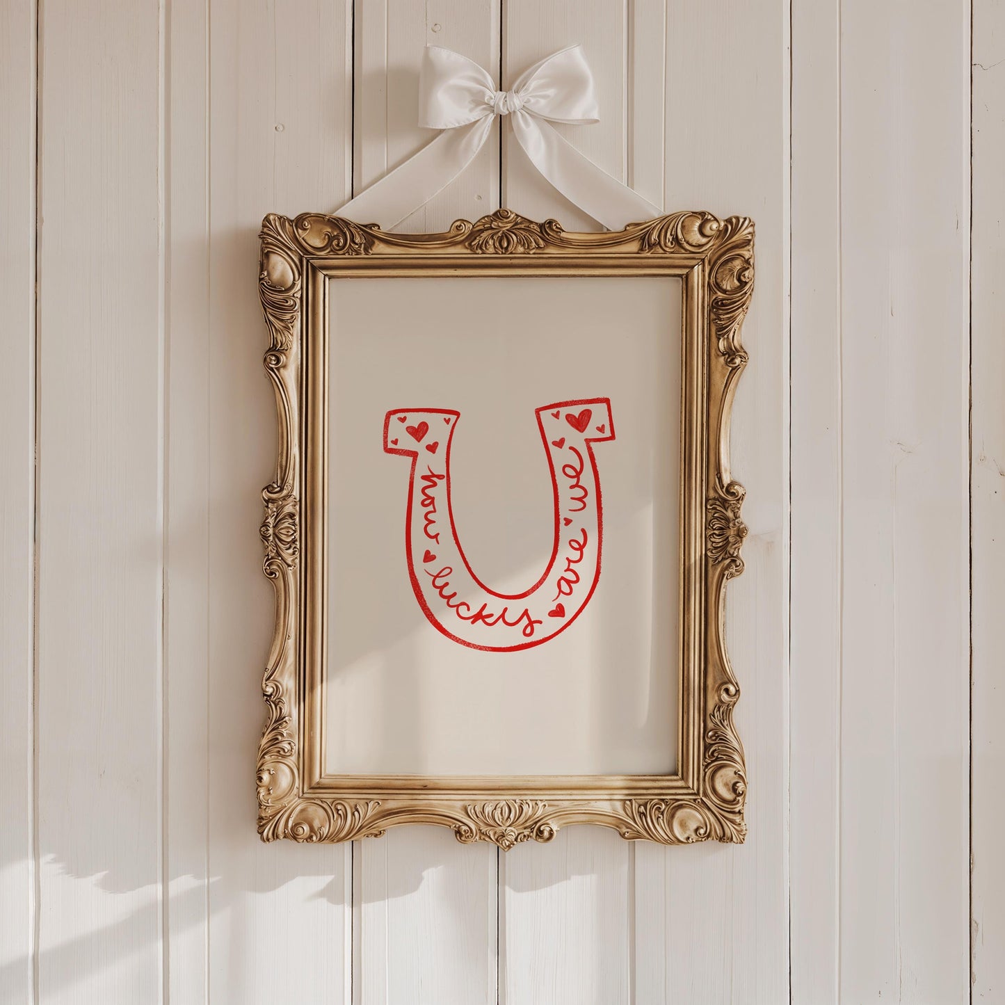 Lucky Quote Horseshoe Wall Art | Red Bedroom Decor | Romantic Print Illustration