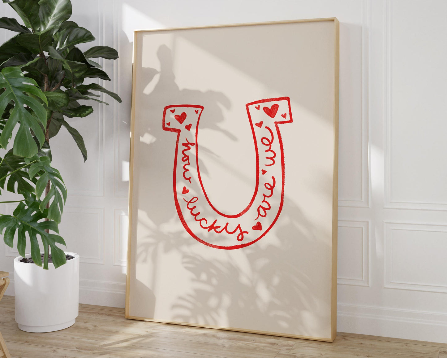 Lucky Quote Horseshoe Wall Art | Red Bedroom Decor | Romantic Print Illustration