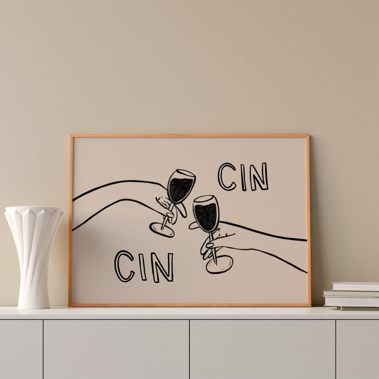 Cin Cin Cheers Print | Wine Glass Wall Art | Minimalist Line Art | Bar Cart Decor
