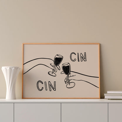 Cin Cin Cheers Print | Wine Glass Wall Art | Minimalist Line Art | Bar Cart Decor