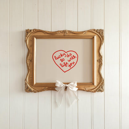 Lucky To Do Life With You Quote | Love Wall Decor | Red Heart Print | Romantic Bedroom Art