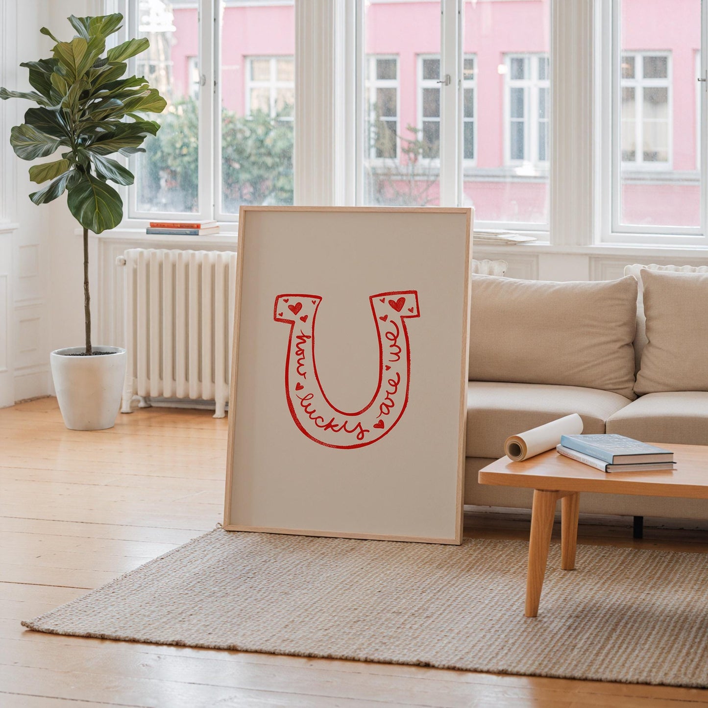 Lucky Quote Horseshoe Wall Art | Red Bedroom Decor | Romantic Print Illustration