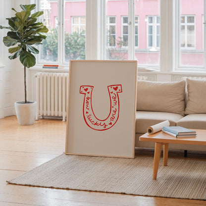 Lucky Quote Horseshoe Wall Art | Red Bedroom Decor | Romantic Print Illustration