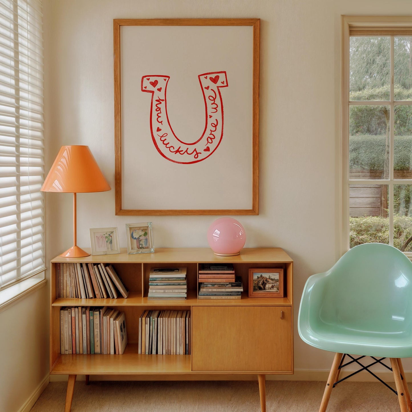 Lucky Quote Horseshoe Wall Art | Red Bedroom Decor | Romantic Print Illustration