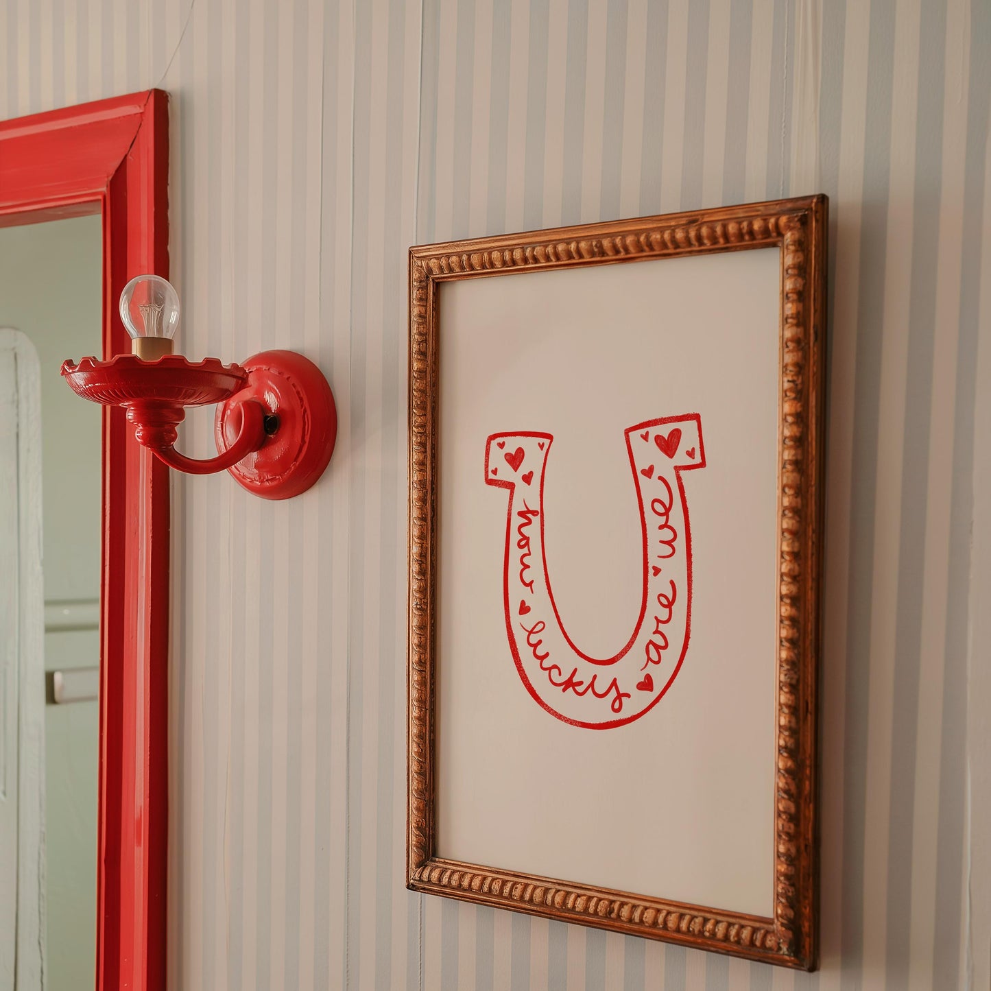 Lucky Quote Horseshoe Wall Art | Red Bedroom Decor | Romantic Print Illustration
