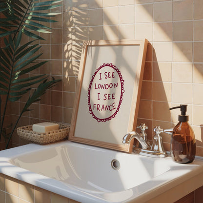 I See London I See France Print | Funny Bathroom Decor | Cheeky Wall Art | Burgundy