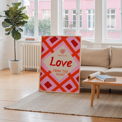 Kitchen Wall Art | Made With Love From The Heart | Pink Retro Kitchen Print