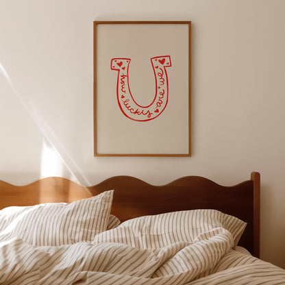 Lucky Quote Horseshoe Wall Art | Red Bedroom Decor | Romantic Print Illustration