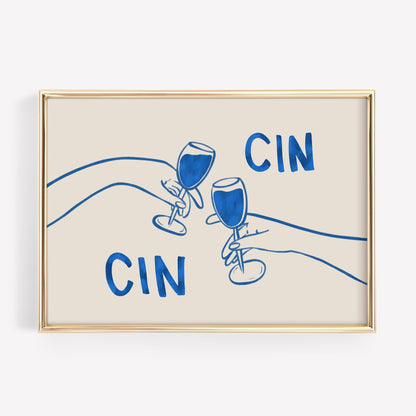 Cin Cin Cheers Print | Blue Wine Illustration | Modern Cocktail Art for Bar Cart Decor