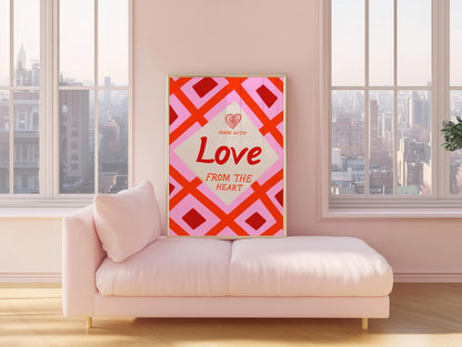 Kitchen Wall Art | Made With Love From The Heart | Pink Retro Kitchen Print