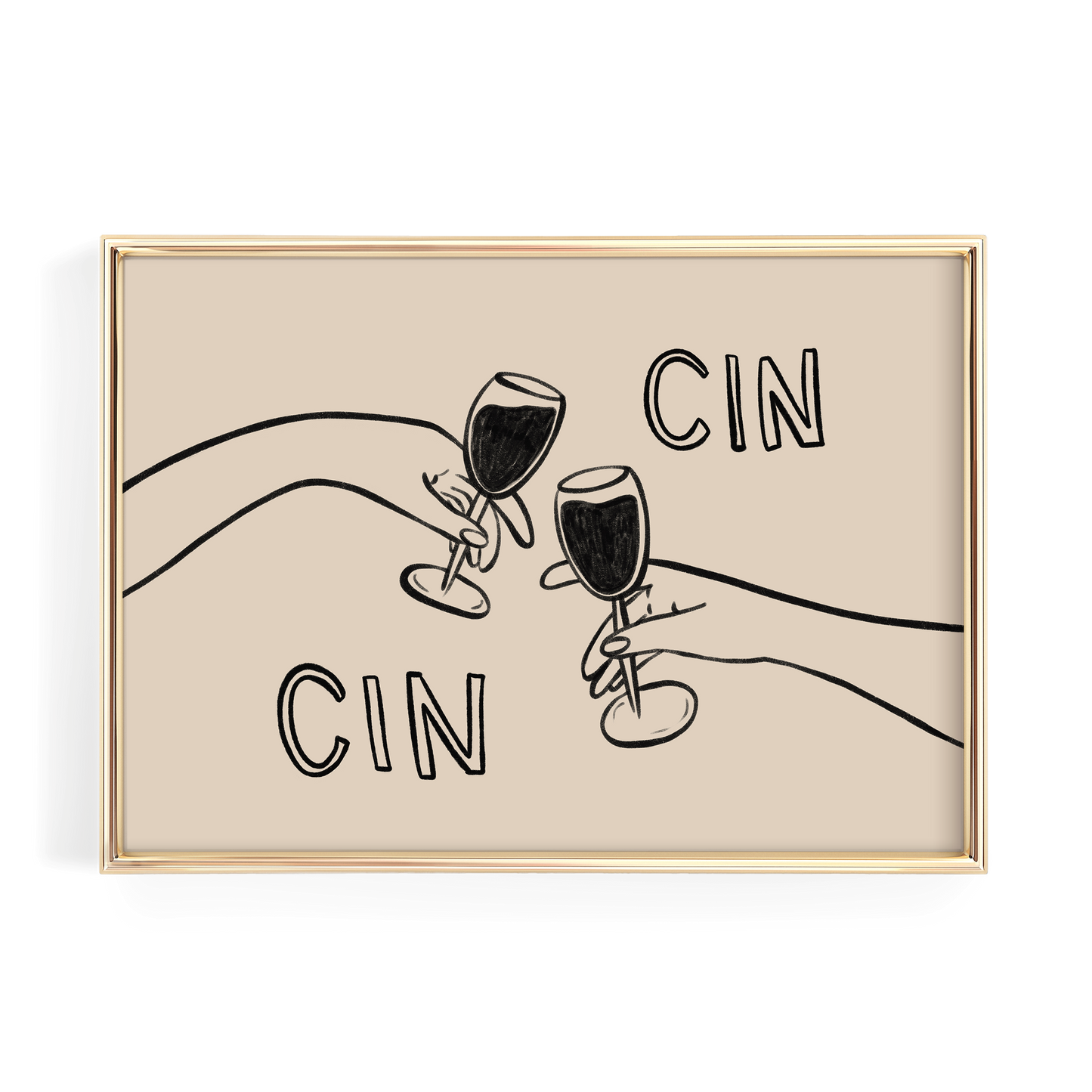 A framed illustration of two hands holding wine glasses, with the text "CIN" written above them.