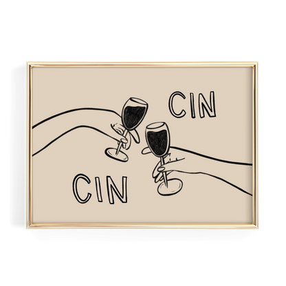 A framed illustration of two hands holding wine glasses, with the text "CIN" written above them.