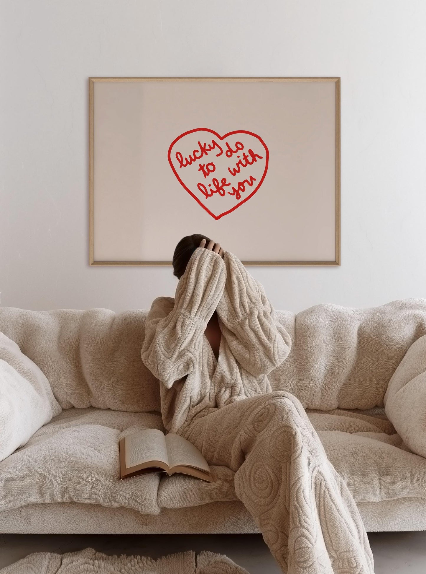 Lucky To Do Life With You Quote | Love Wall Decor | Red Heart Print | Romantic Bedroom Art