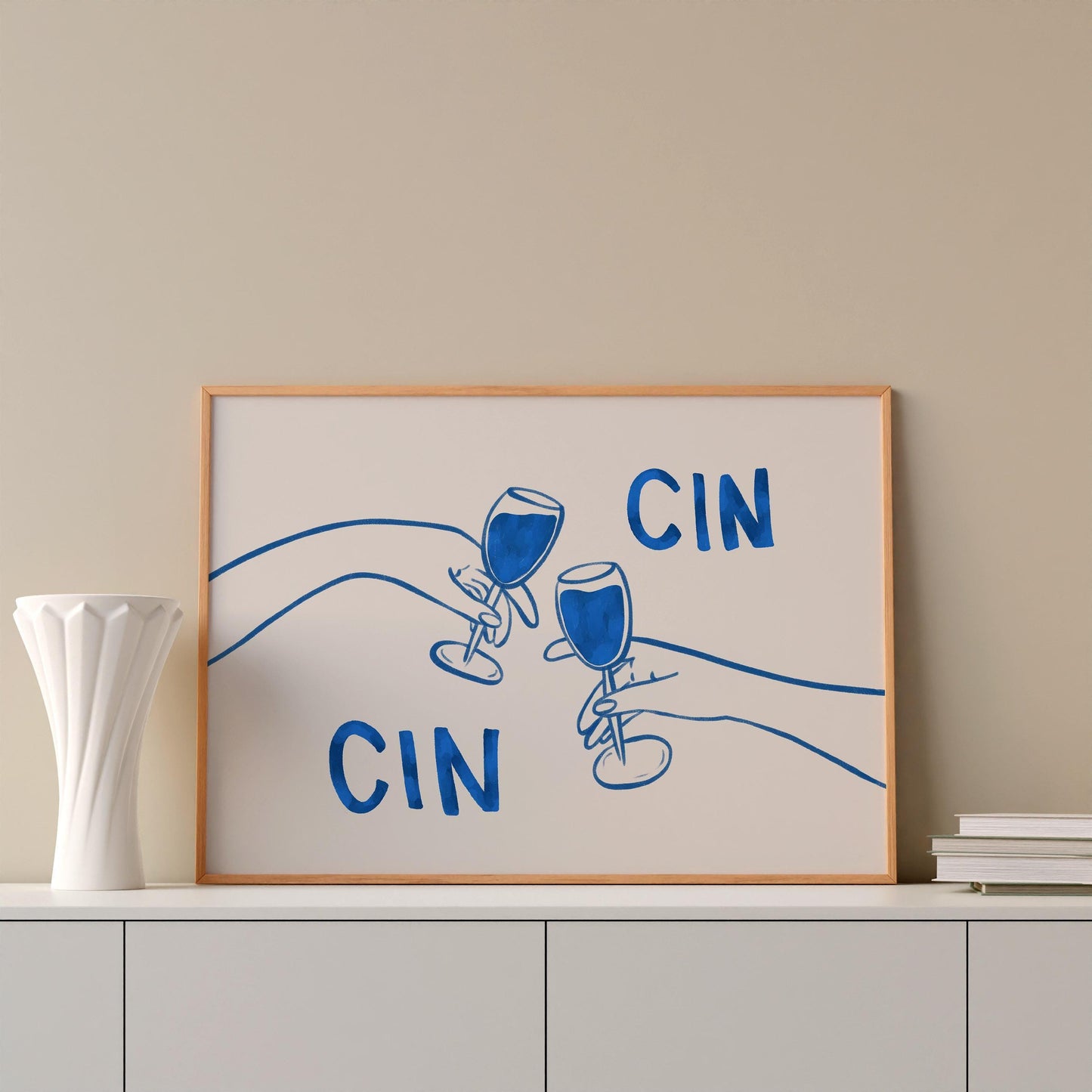 Cin Cin Cheers Print | Blue Wine Illustration | Modern Cocktail Art for Bar Cart Decor