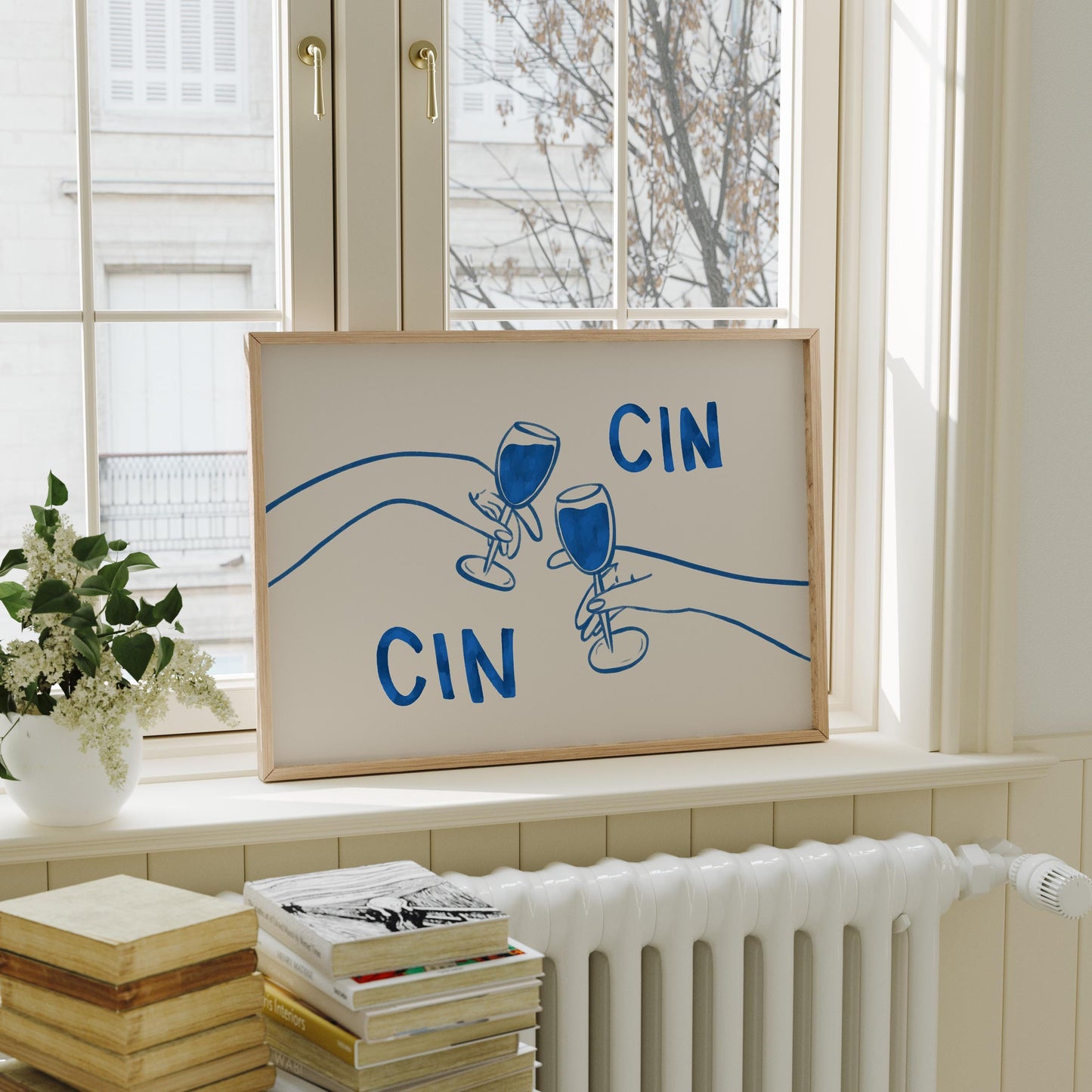 Cin Cin Cheers Print | Blue Wine Illustration | Modern Cocktail Art for Bar Cart Decor