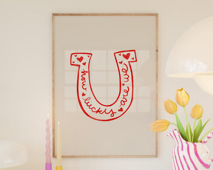 Lucky Quote Horseshoe Wall Art | Red Bedroom Decor | Romantic Print Illustration