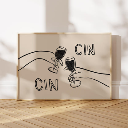 Cin Cin Cheers Print | Wine Glass Wall Art | Minimalist Line Art | Bar Cart Decor