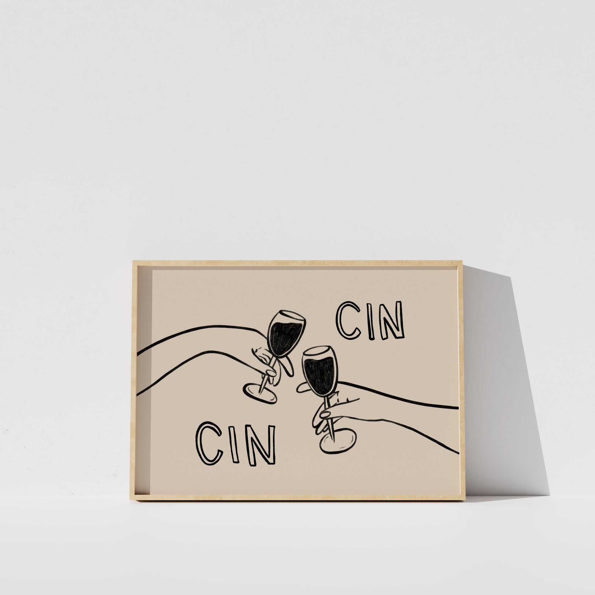 A framed illustration of two hands holding wine glasses, with the text "CIN" written above them.