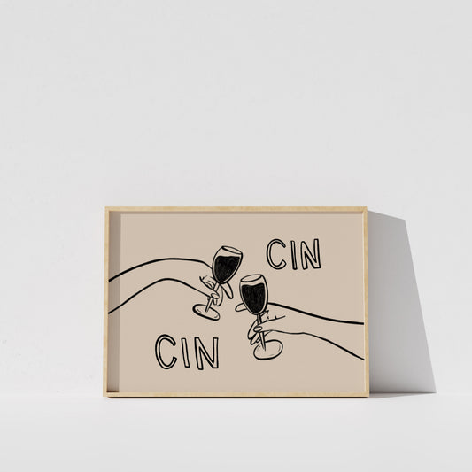 A framed illustration of two hands holding wine glasses, with the text "CIN" written above them.