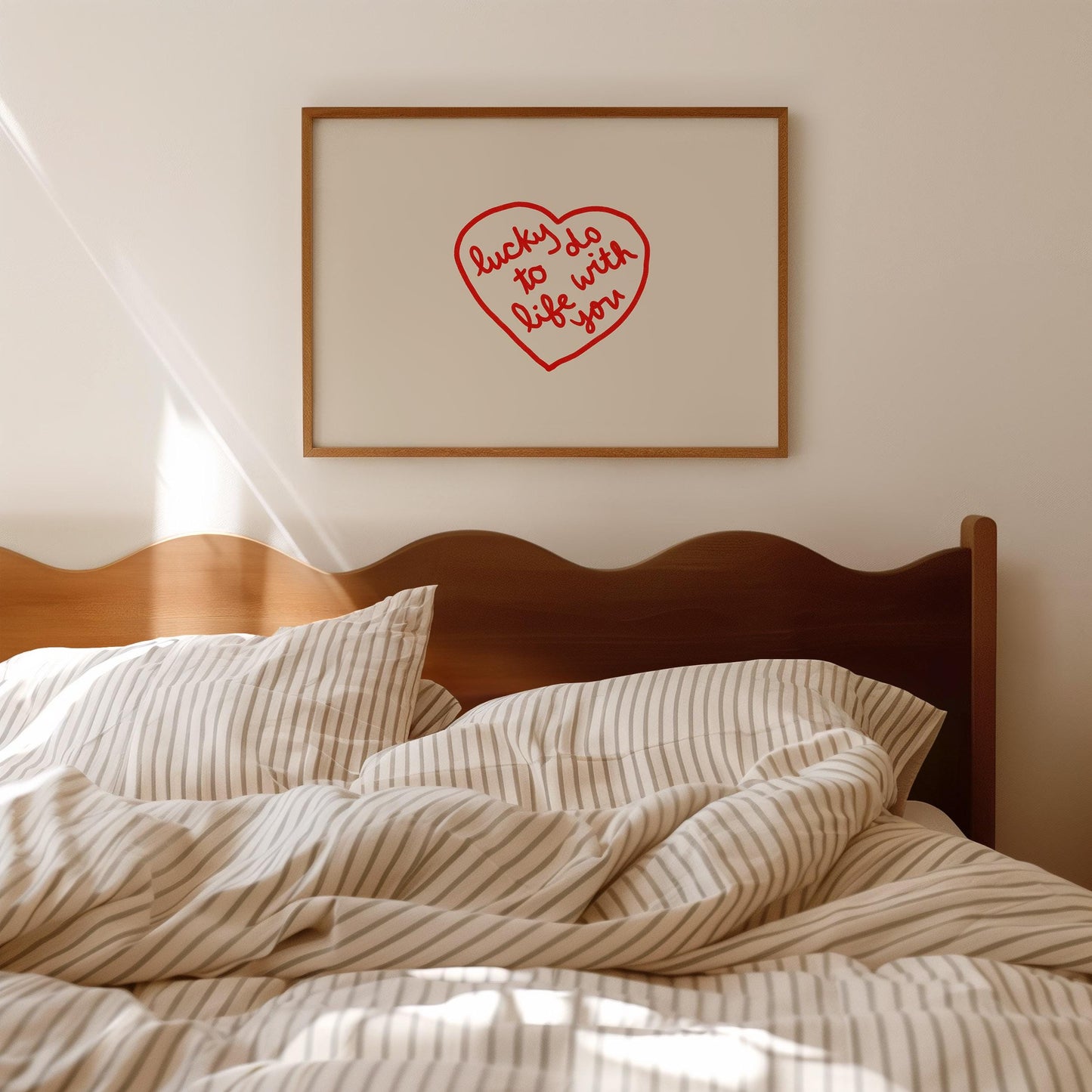 Lucky To Do Life With You Quote | Love Wall Decor | Red Heart Print | Romantic Bedroom Art