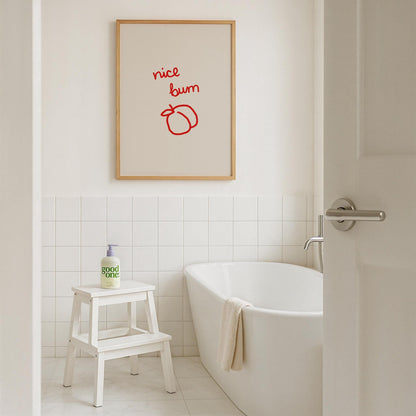Cheeky Nice Bum Peach Print | Red Bathroom Wall Art | Funny Guest Bath Decor