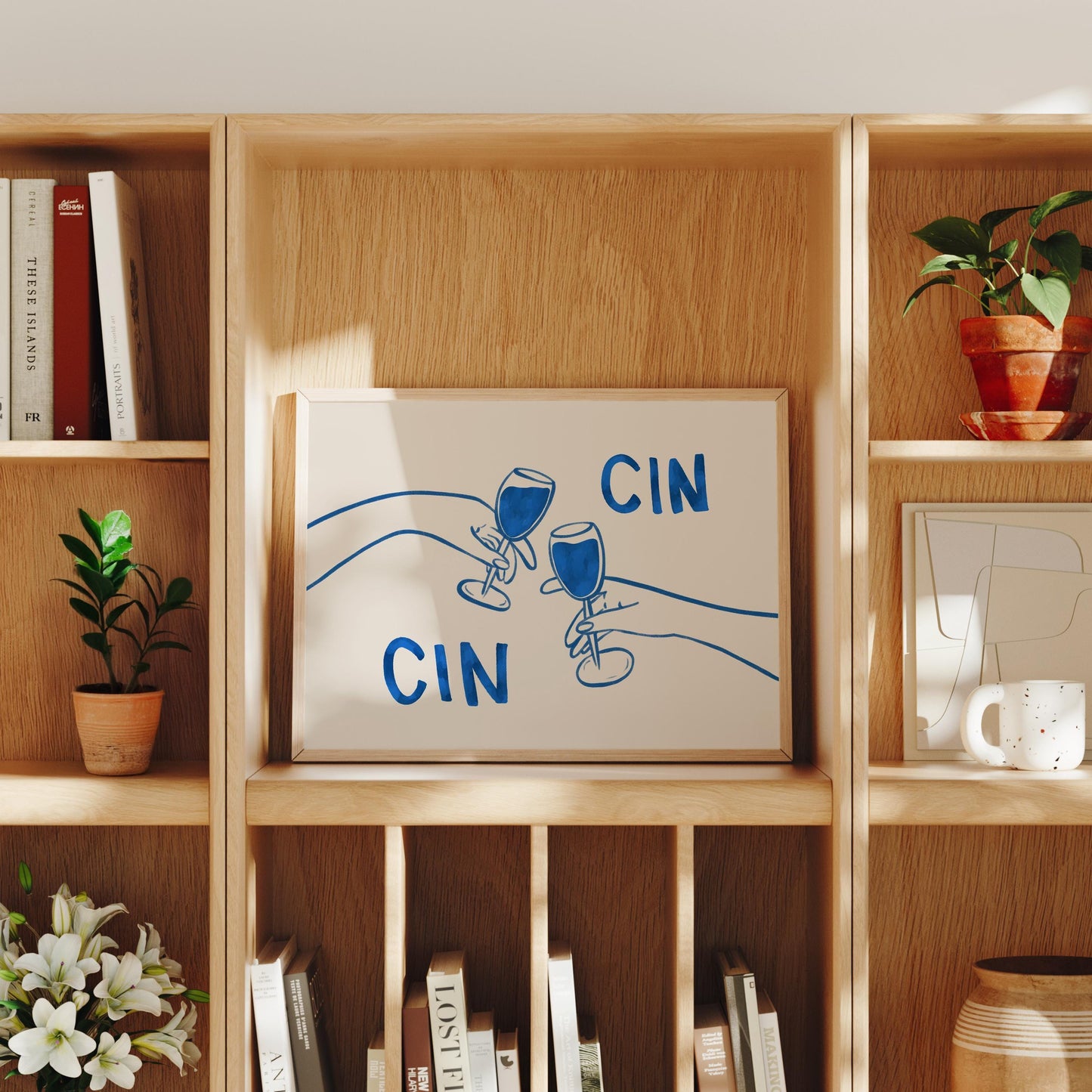 Cin Cin Cheers Print | Blue Wine Illustration | Modern Cocktail Art for Bar Cart Decor