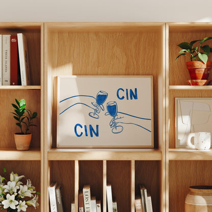 Cin Cin Cheers Print | Blue Wine Illustration | Modern Cocktail Art for Bar Cart Decor